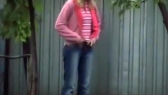tight pink pee jeans outdoor pissing public blonde