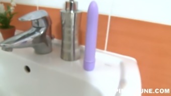 sex toy masturbation shower strip teen (18+) toy pussy shaved solo bikini blonde