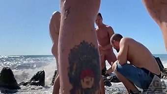 gangbang handjob group orgy outdoor teen (18+) pov beach big cock brunette amateur banging